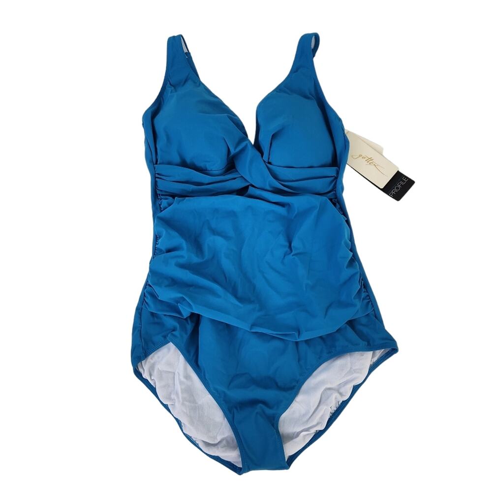 NEW GOTTEX Profile One Piece Swimsuit Size 16 Surplice Cut Peacock Blue Bright